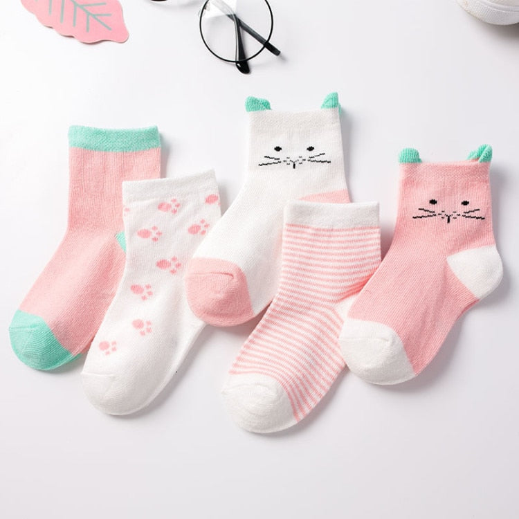5 Pairs/lot Cartoon Baby Socks Cat Animal Soft Cotton