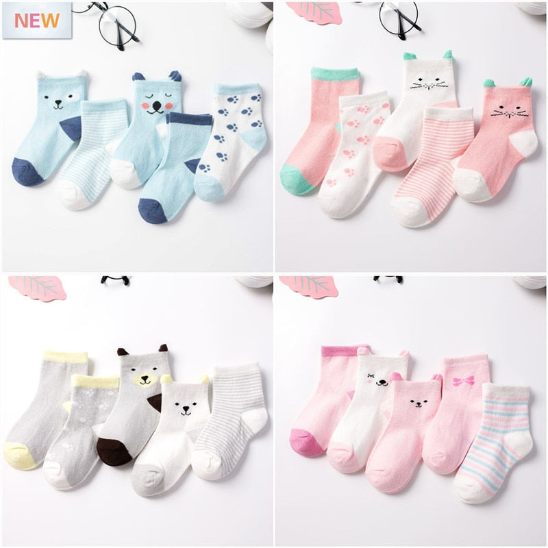 5 Pairs/lot Cartoon Baby Socks Cat Animal Soft Cotton