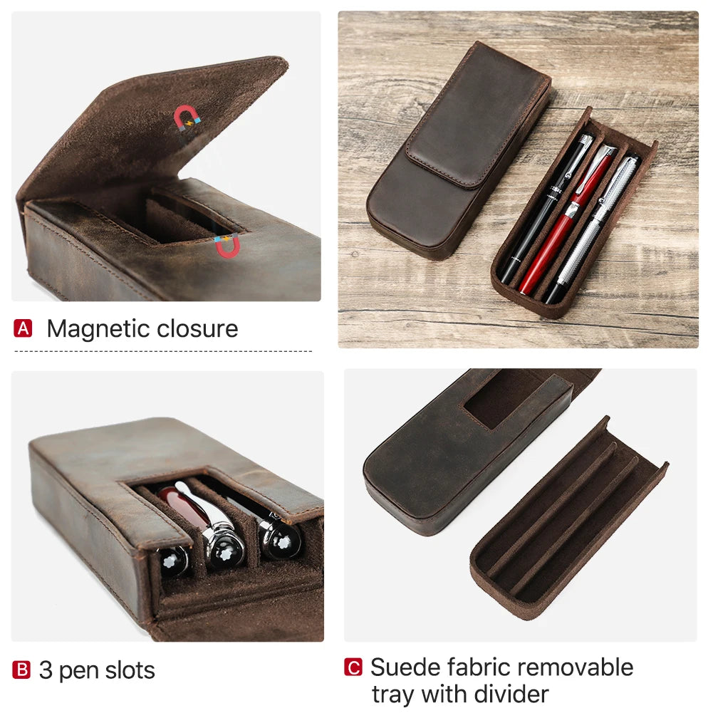 Luxury Genuine Leather 3 Slots Pen Case